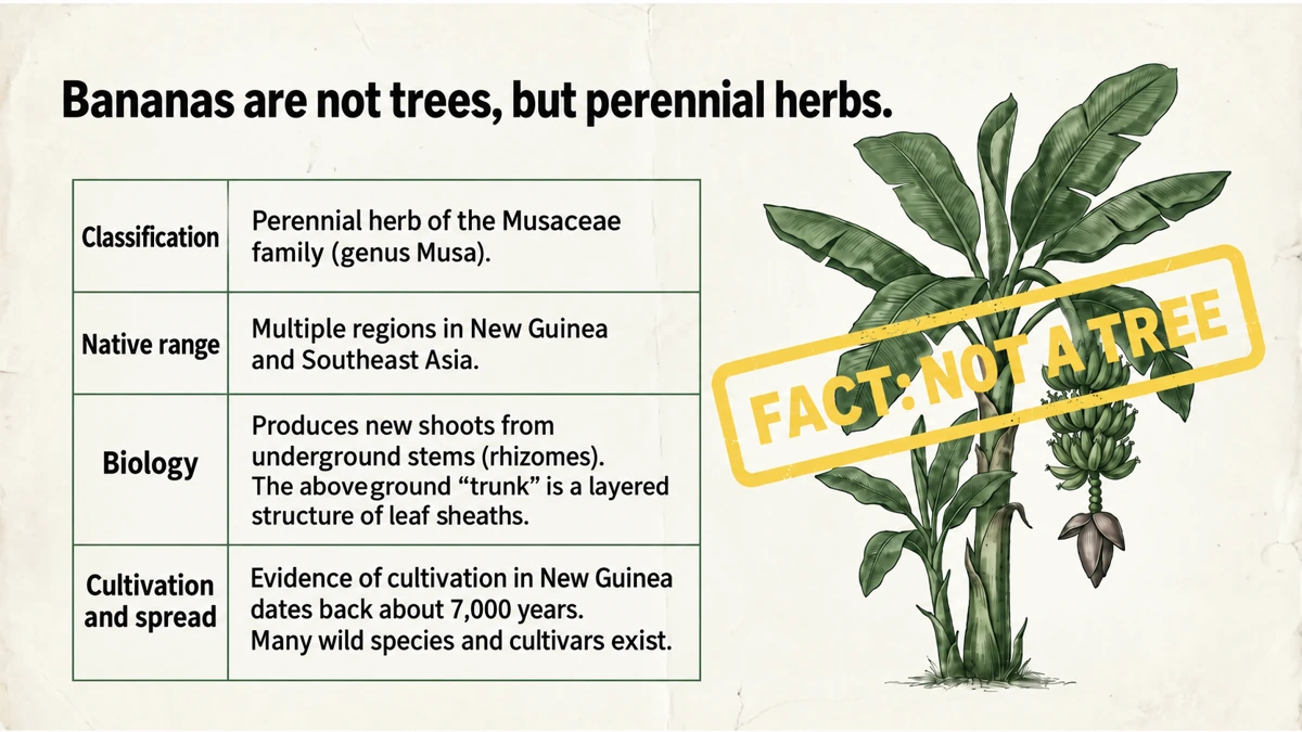 Bananas are perennial herbs, not trees. Several wild species and subspecies contributed to their domestication.