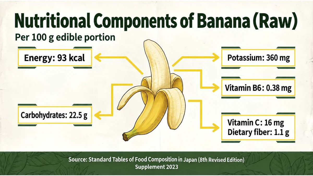 Nutrients in 100 g of raw banana, edible portion. Source: Standard Tables of Food Composition in Japan, Eighth Revised Edition, Supplement 2023.