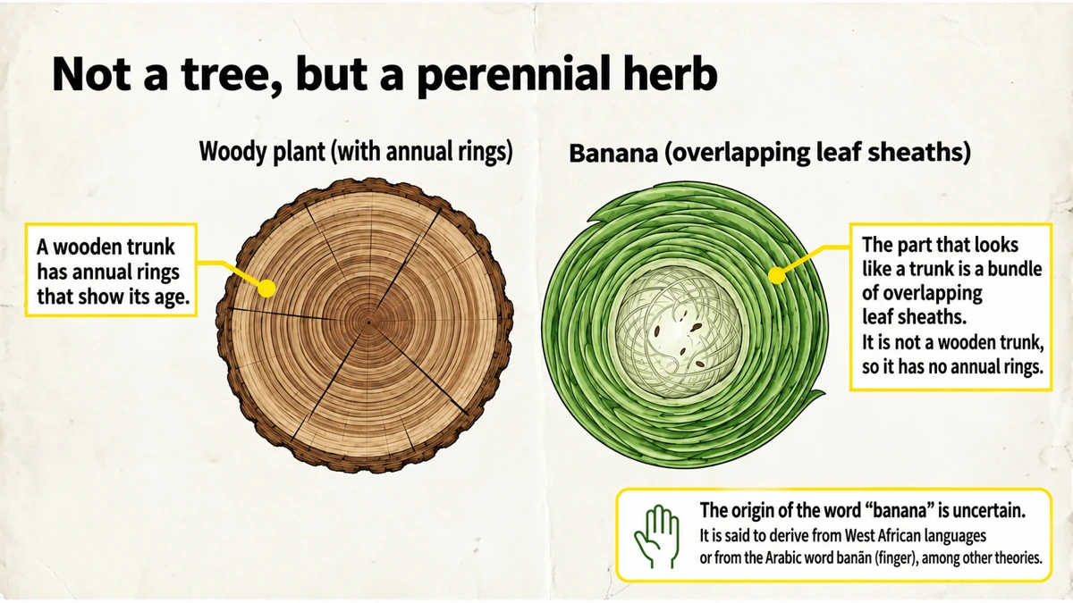 The apparent trunk is a pseudostem. Several origins have been proposed for the word “banana,” but its etymology is unresolved.