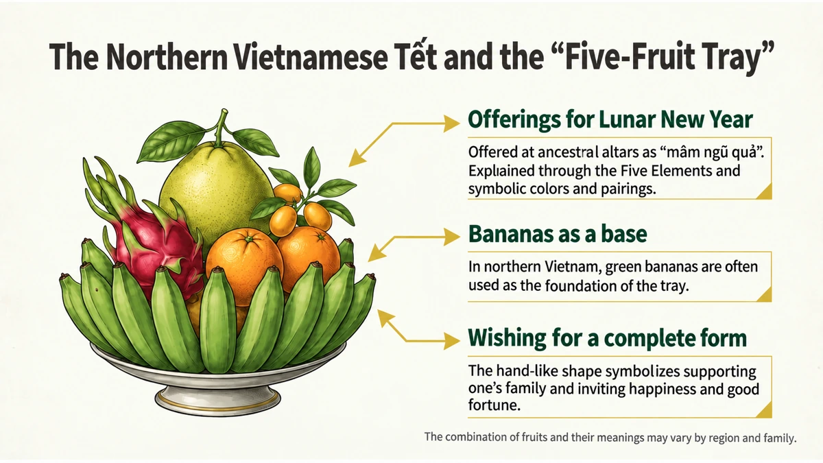 In northern five-fruit offerings, banana hands often form the base. Fruit combinations and meanings vary by region and household.