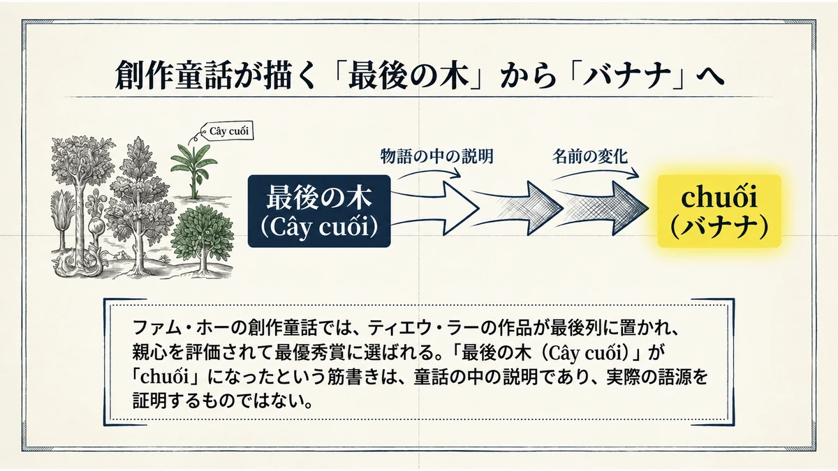 ファム・ホーの創作童話におけるCây cuốiからchuốiへの名前の変化。実際の語源の証明ではないと明記した図。