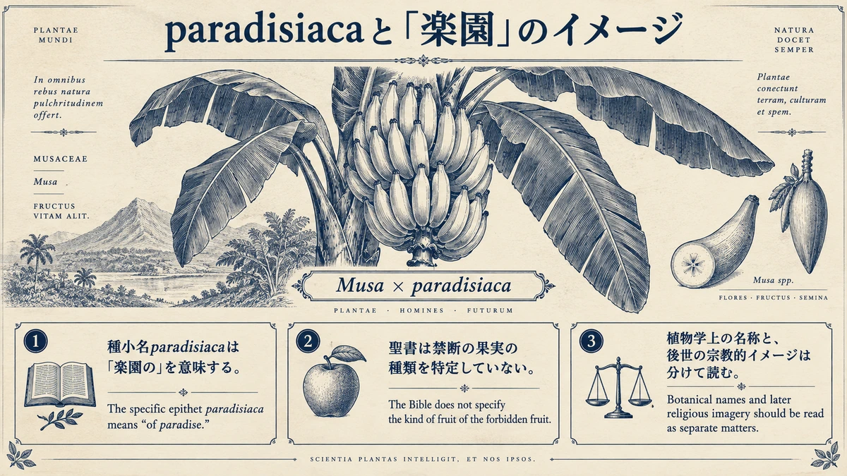 Musa × paradisiacaの種小名は楽園の意味。聖書は禁断の果実の種類を特定しておらず、植物名と宗教的イメージを分けて読む図。
