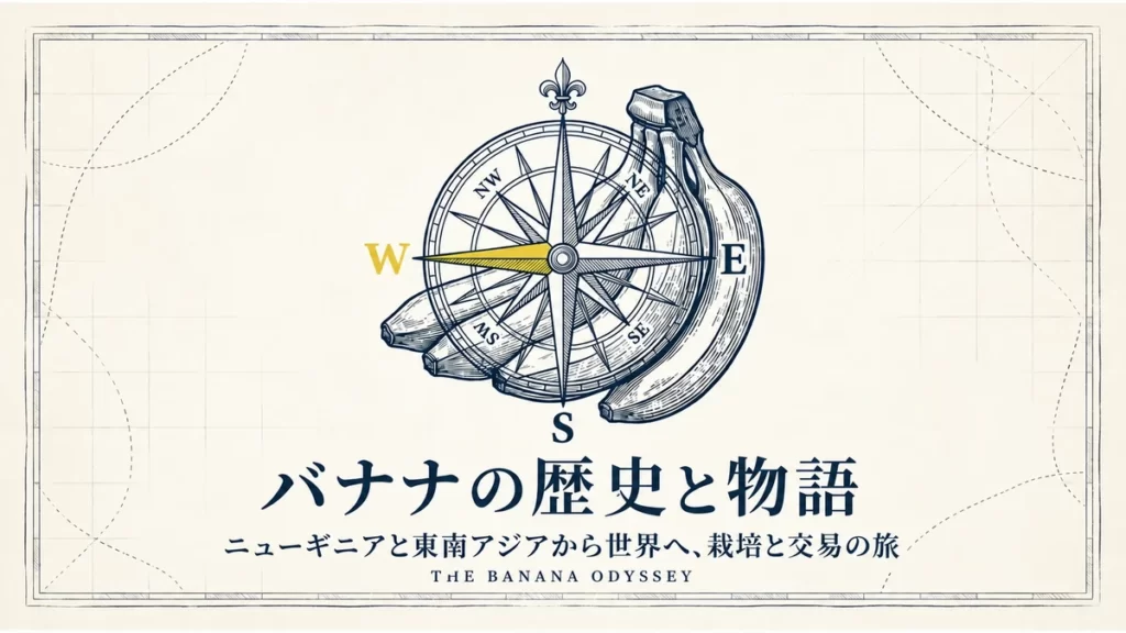 バナナの歴史と物語。ニューギニアと東南アジアから世界へ、栽培と交易の旅を示すバナナと羅針盤。