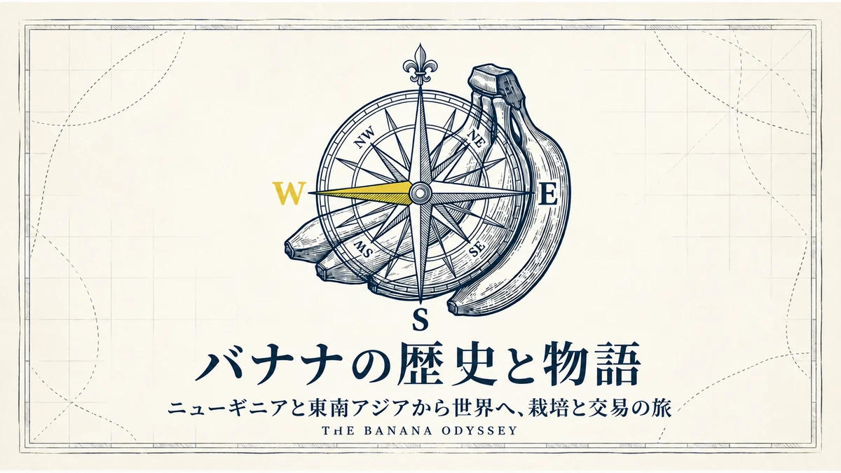 バナナの歴史と物語。ニューギニアと東南アジアから世界へ、栽培と交易の旅を示すバナナと羅針盤。