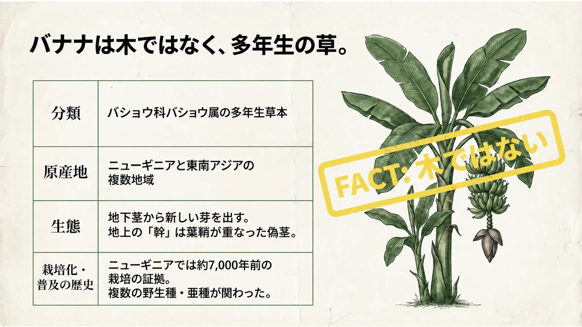 バナナの分類、ニューギニアと東南アジアの栽培化地域、地下茎から出る芽と偽茎、約7,000年前の栽培証拠をまとめた図。