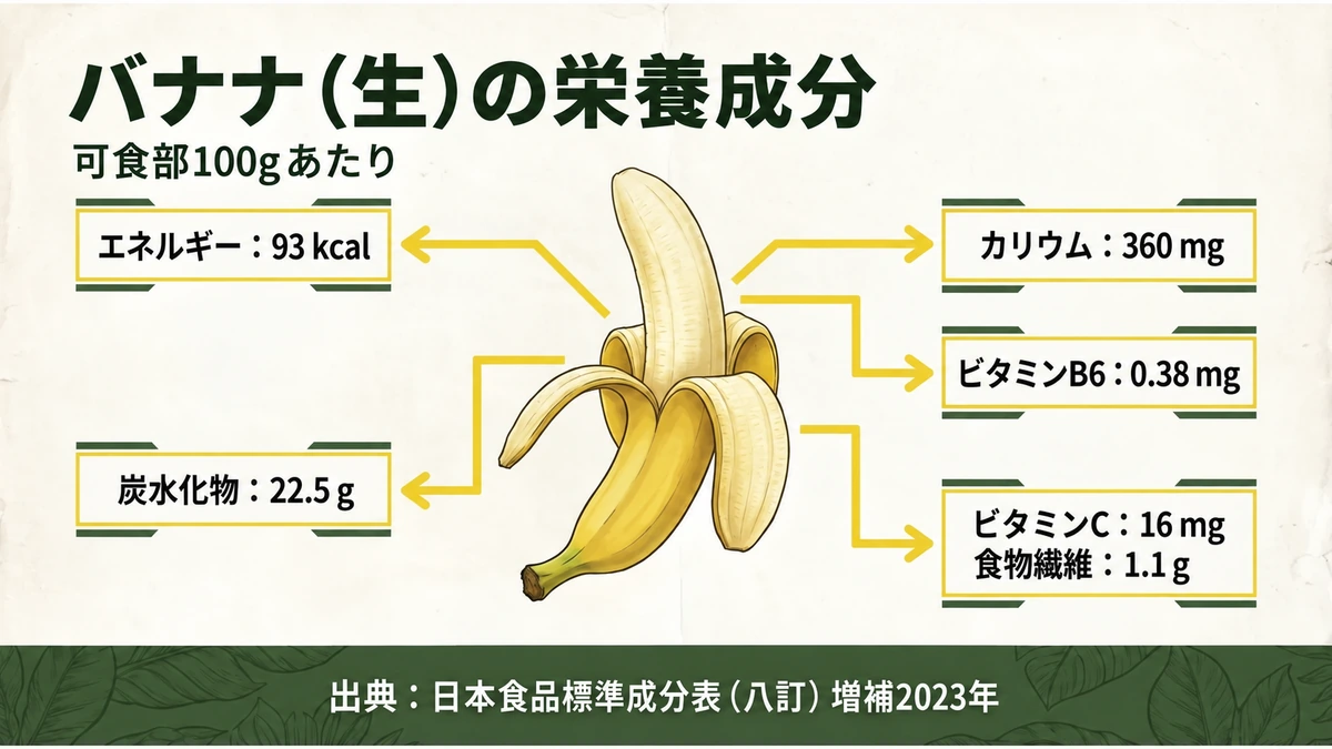 バナナ生の可食部100gあたり、93kcal、炭水化物22.5g、カリウム360mg、ビタミンB6 0.38mg、ビタミンC16mg、食物繊維1.1g。日本食品標準成分表による図。