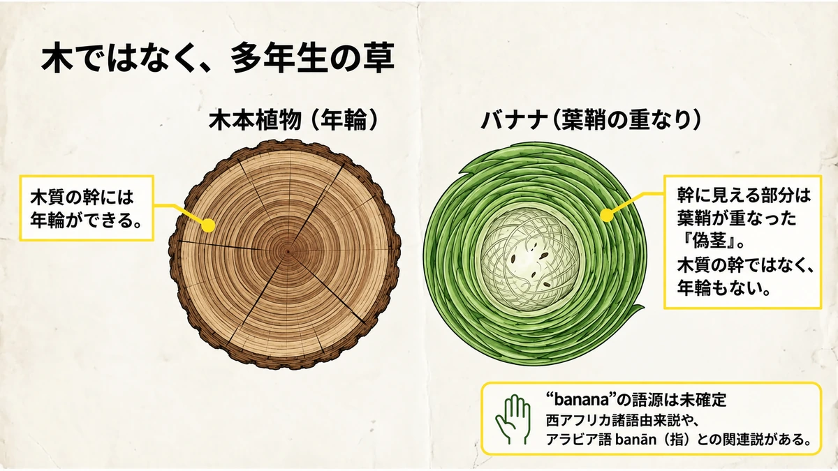 木本植物の幹の年輪と、葉鞘が重なったバナナの偽茎の断面を比較。バナナは多年生の草で年輪を作らない。