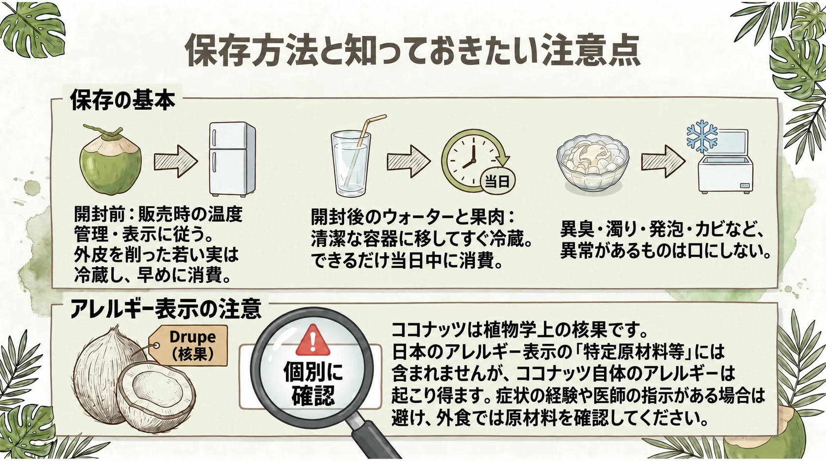 ココナッツの開封前後の保存方法とアレルギー表示の注意