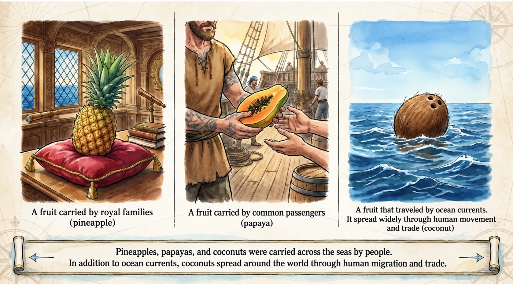 Contrasting the journeys of pineapple, papaya, and coconut
