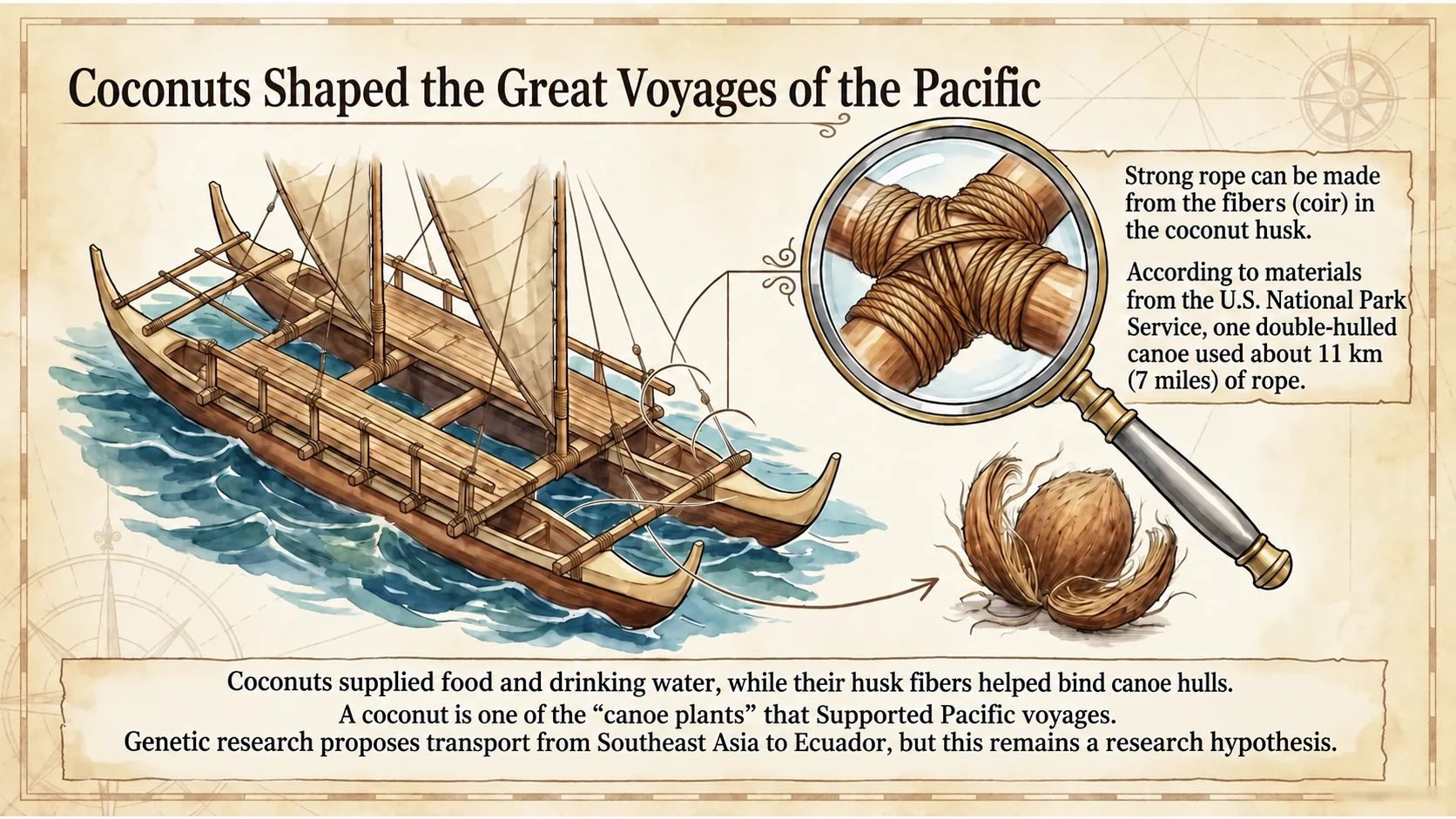 Coir cordage binding a double-hulled Pacific voyaging canoe