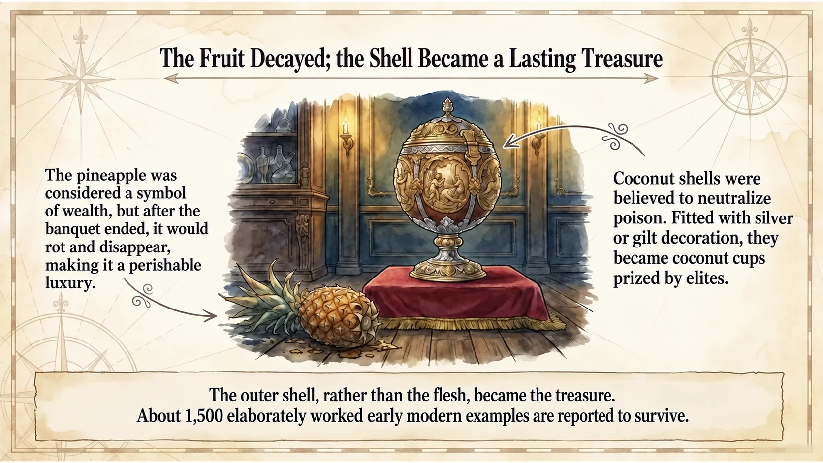 An ornate coconut cup contrasted with a decaying pineapple