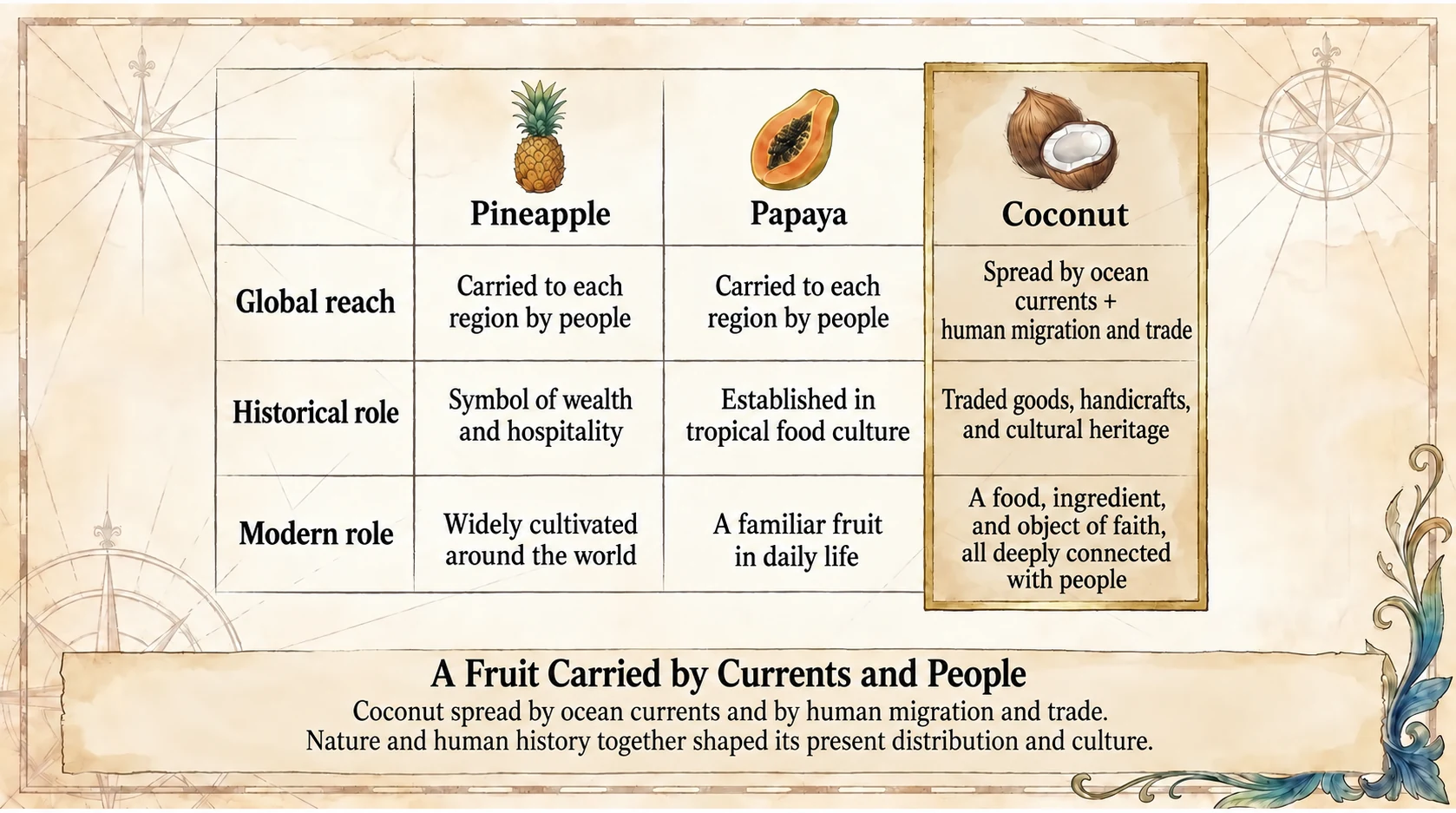 The journeys and cultural histories of pineapple, papaya, and coconut