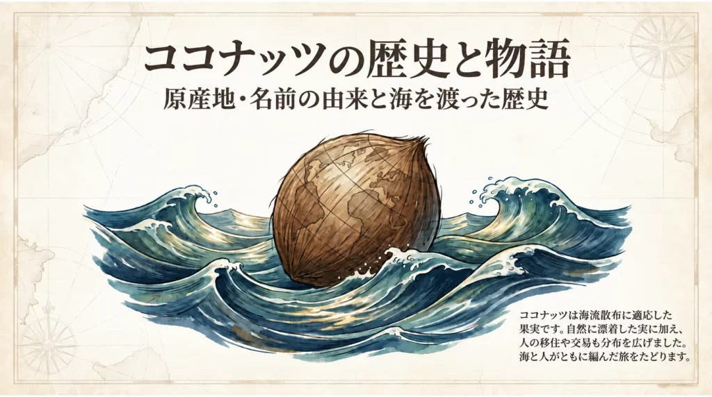 ココナッツの歴史と物語。海を渡った果実の歩みを描いたタイトル図解