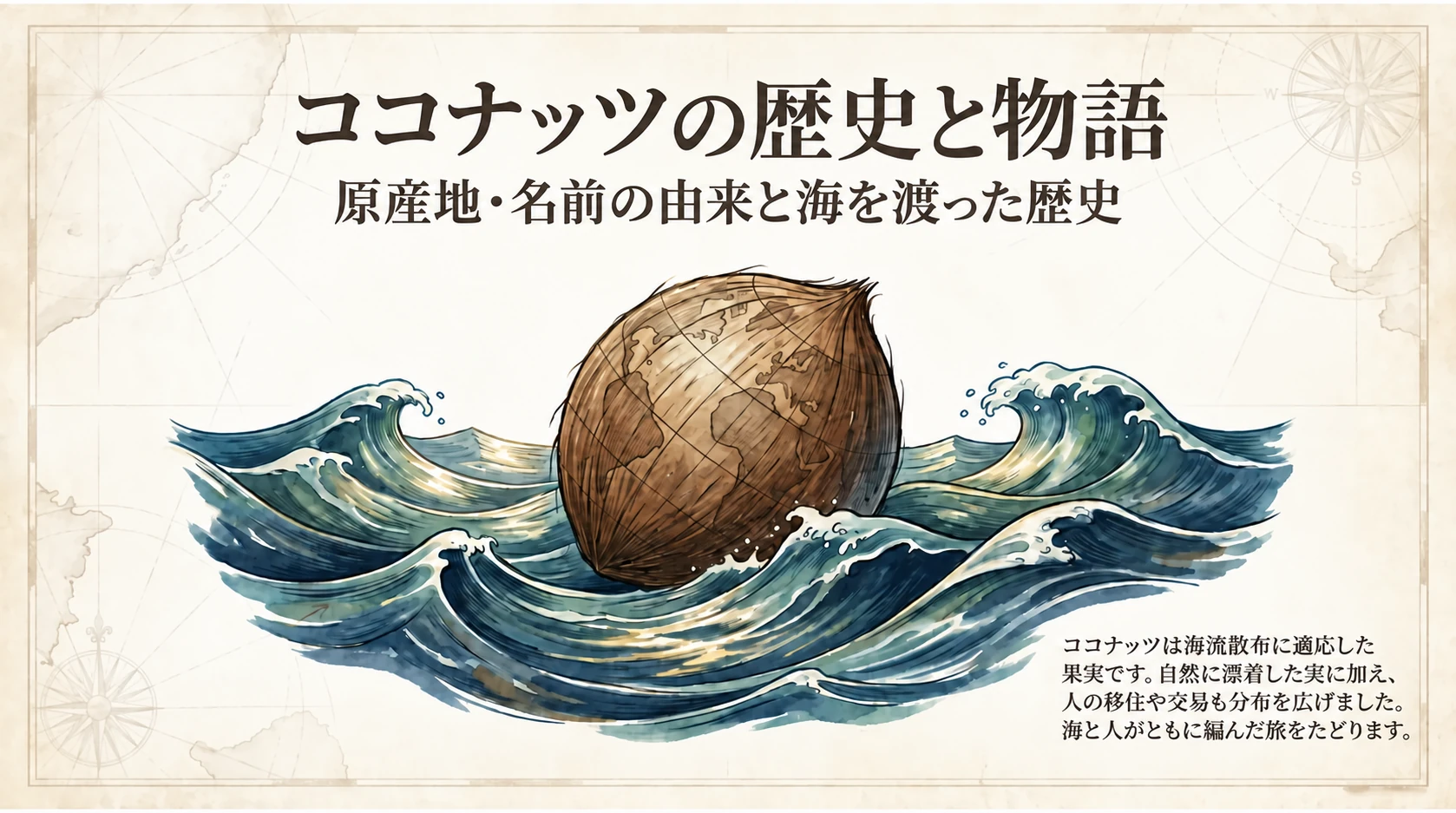 ココナッツの歴史と物語。海を渡った果実の歩みを描いたタイトル図解