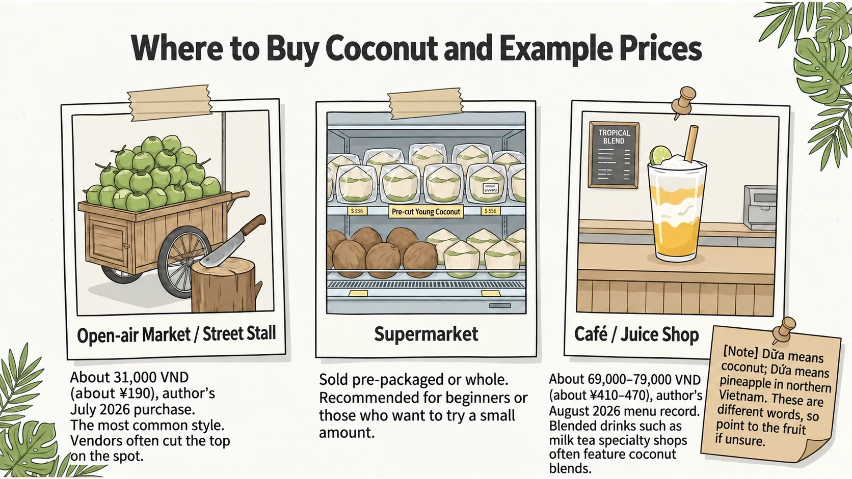 Buying coconut at a market, supermarket, or café with observed example prices