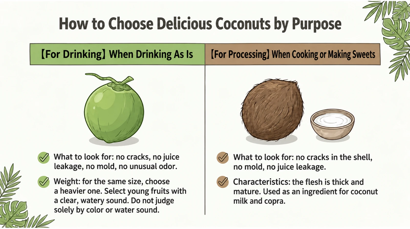 Choosing young drinking fruit or mature fruit for processing