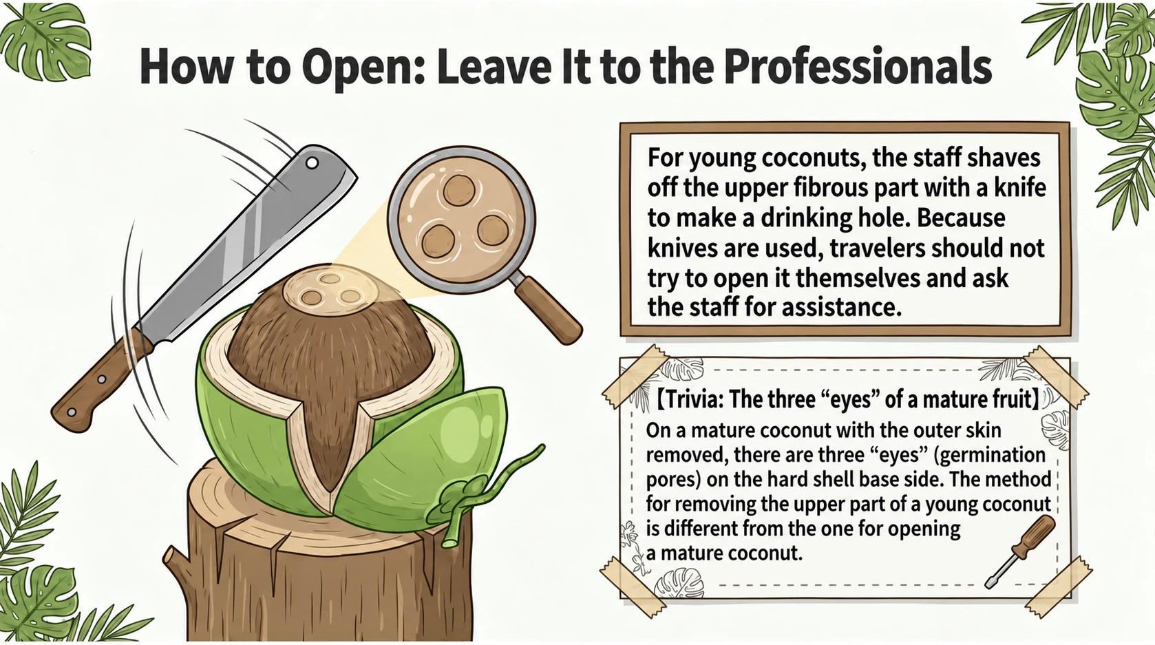 Staff opening young fruit and the three eyes of a mature coconut shell