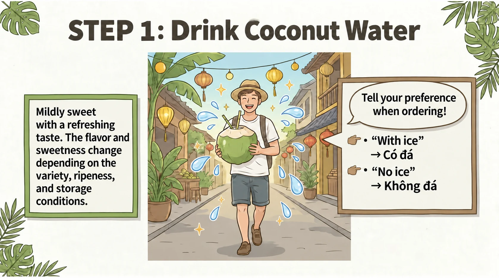 Drinking coconut water and ordering with or without ice in Vietnamese
