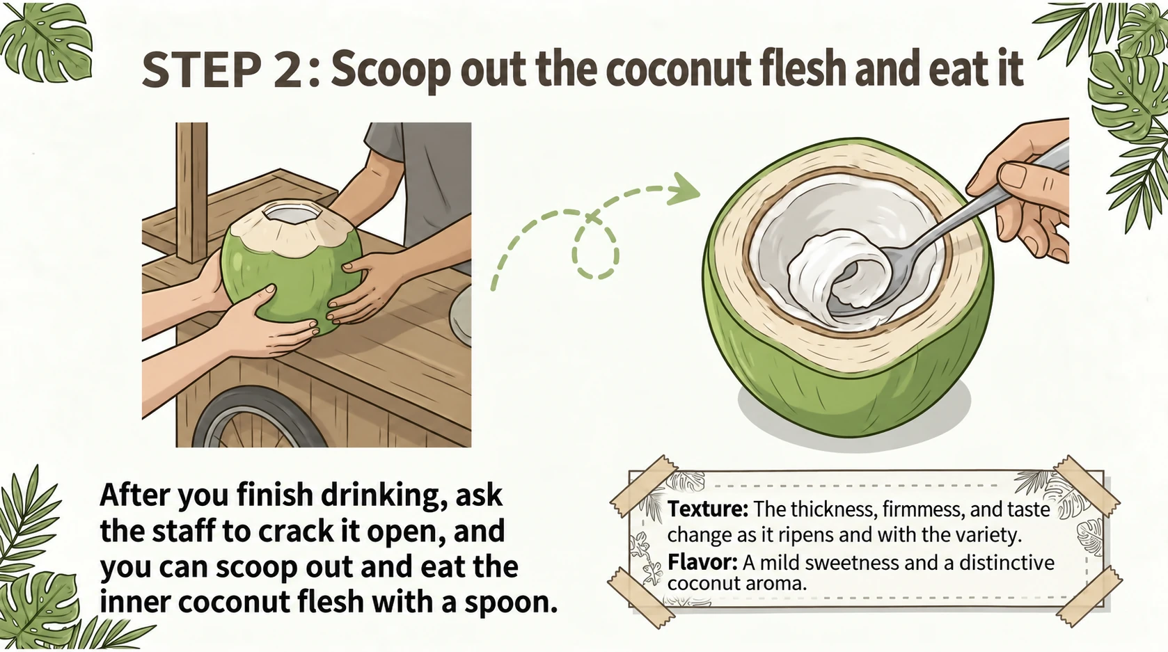 Having staff split a coconut and scooping the flesh with a spoon