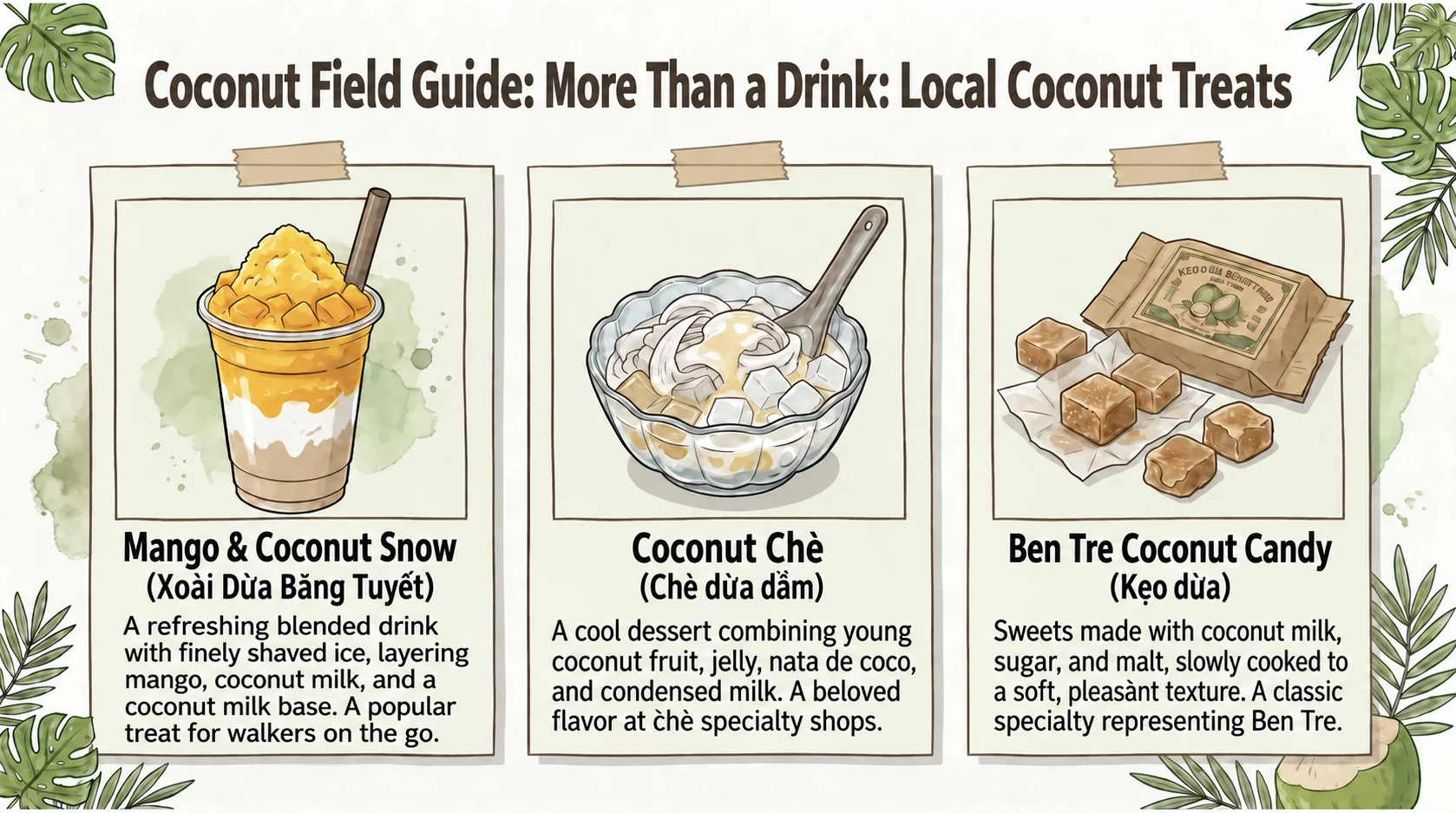 Mango and coconut drinks, coconut chè, and Ben Tre candy
