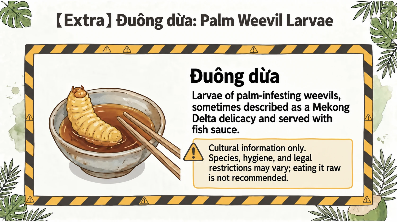 Palm weevil larvae presented as cultural information, with a warning against raw consumption