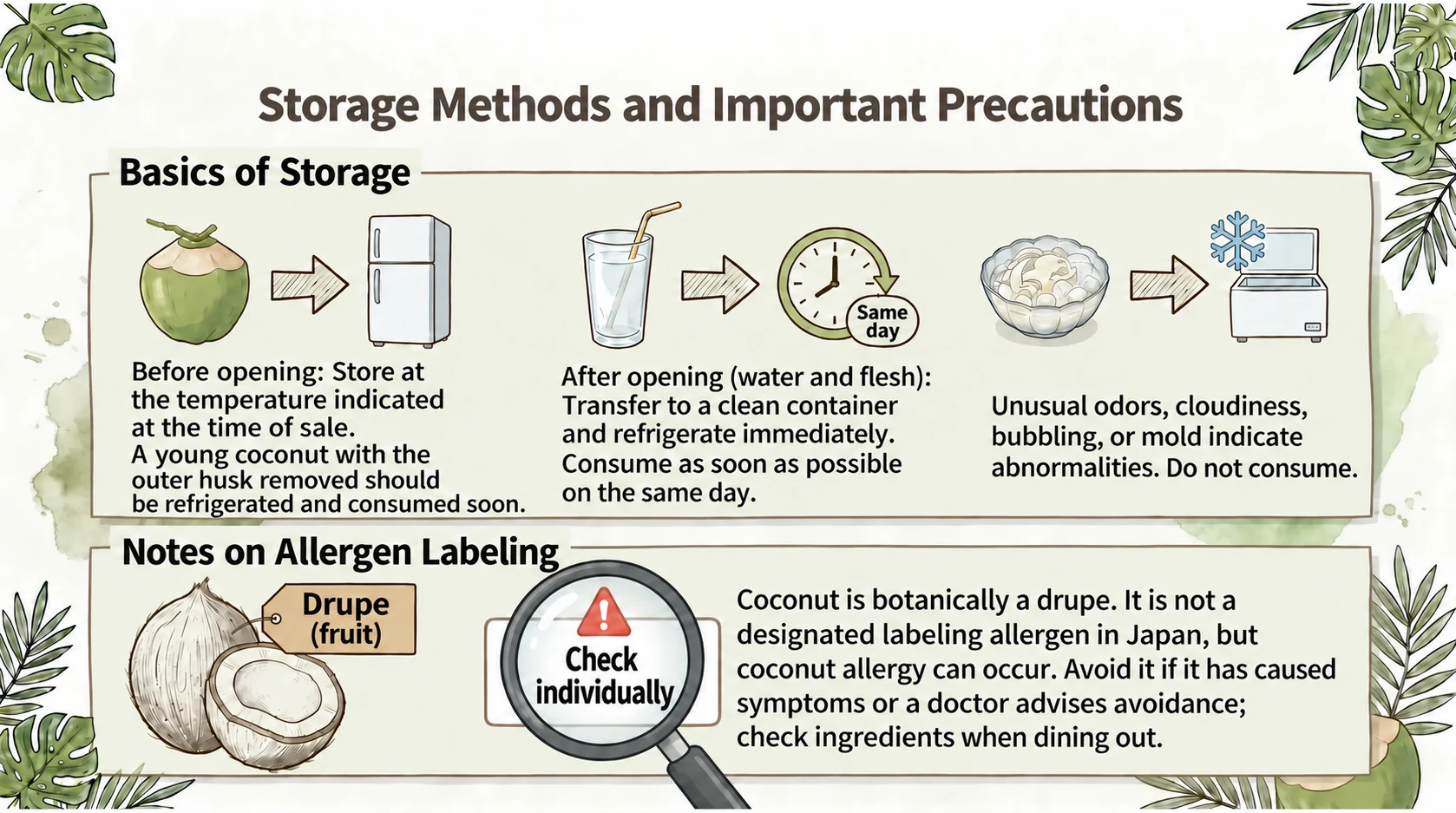 Coconut storage before and after opening and allergy labeling cautions