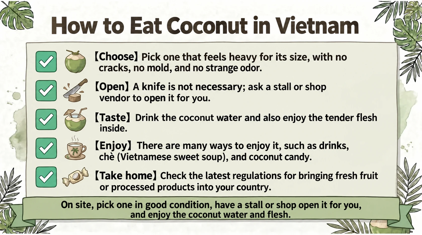 A checklist for choosing, opening, eating, local menus, and taking coconut home