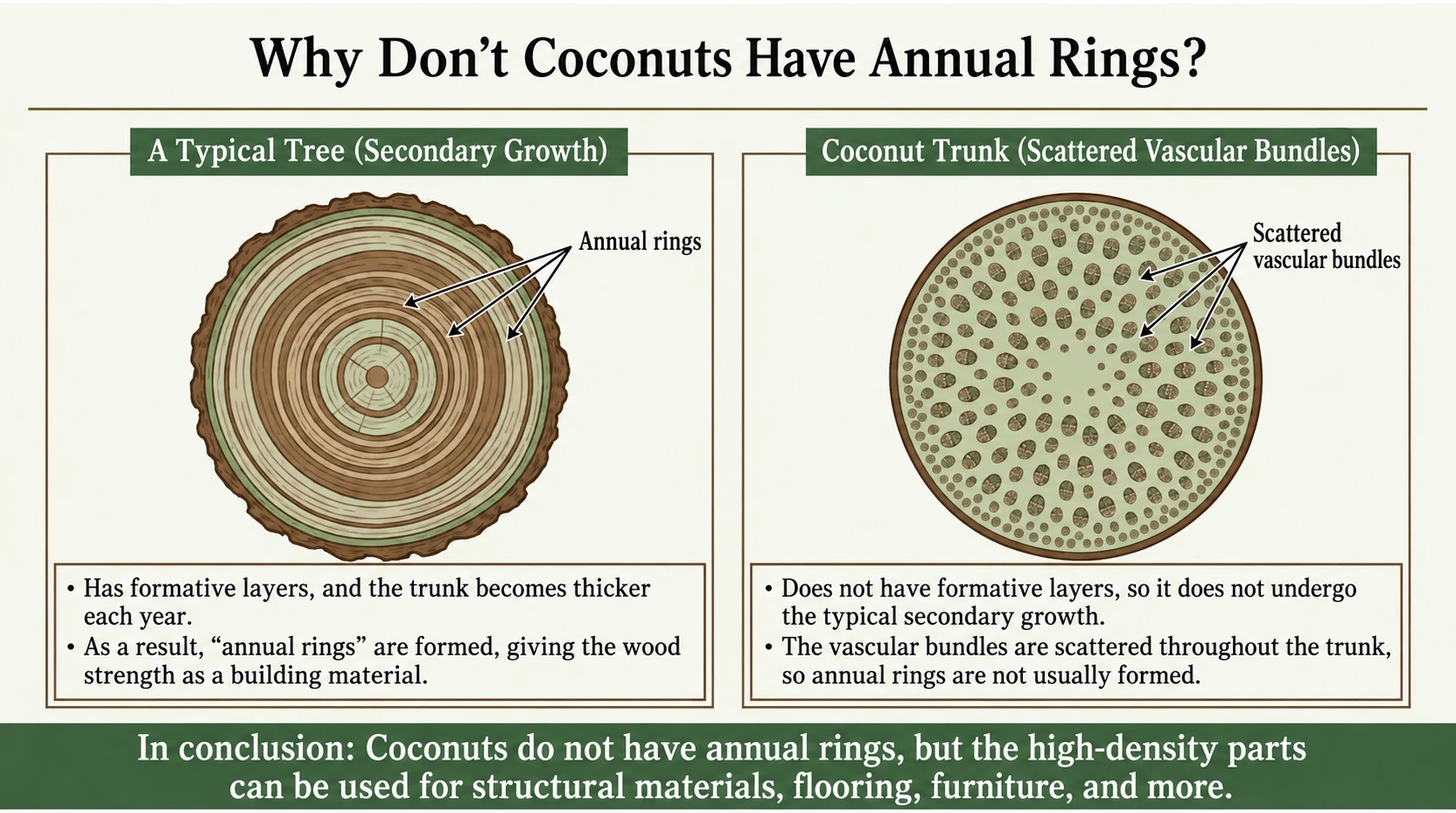 Growth rings in a typical tree versus scattered vascular bundles in a coconut palm