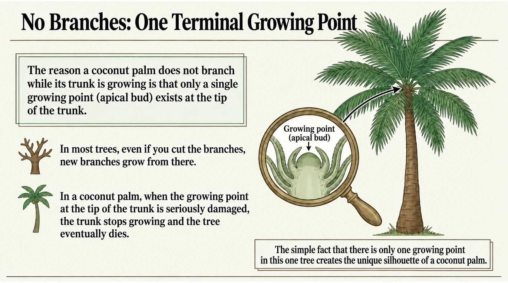 The single terminal growing point of a coconut palm
