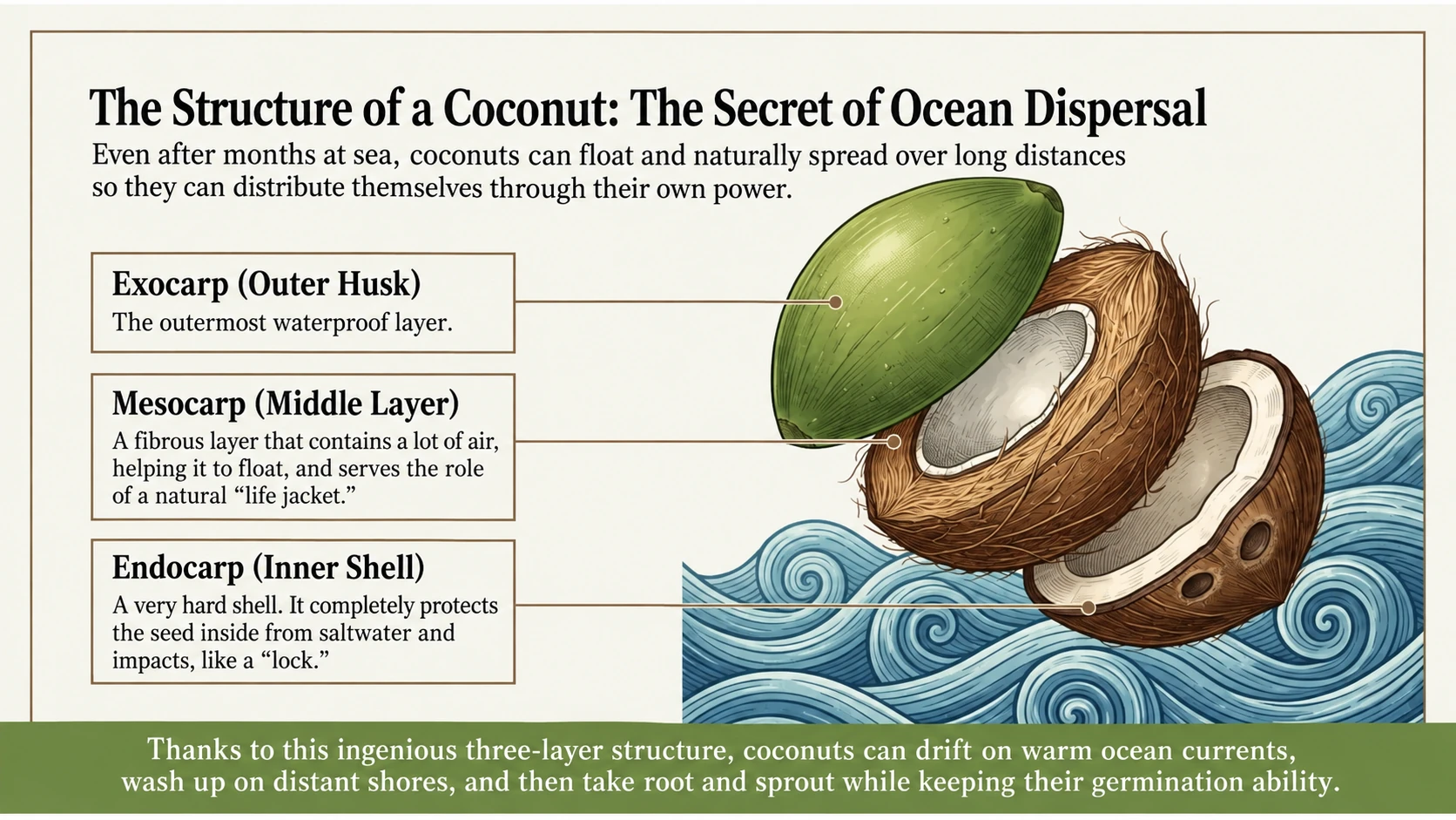 Exocarp, fibrous mesocarp, and hard endocarp enabling ocean dispersal
