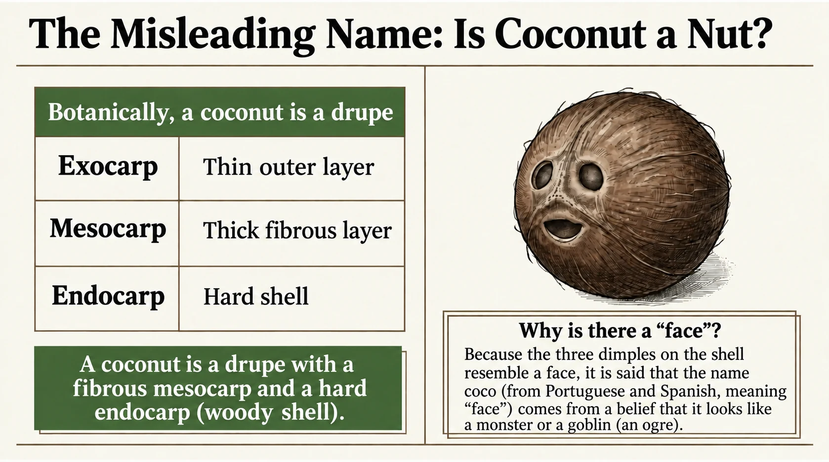 Coconut as a drupe and the origin of the word coco