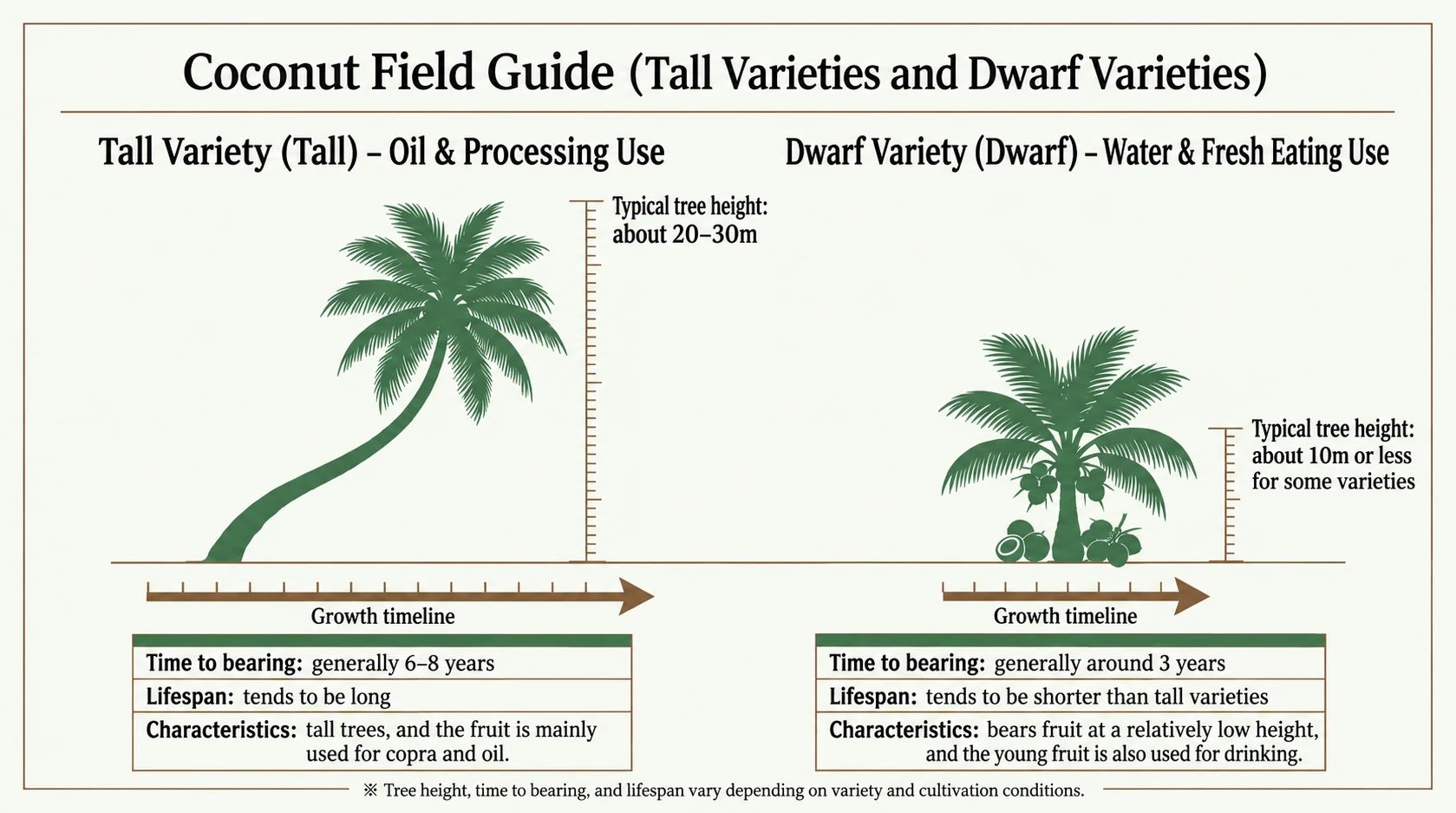 Typical height and fruiting differences between Tall and Dwarf coconuts