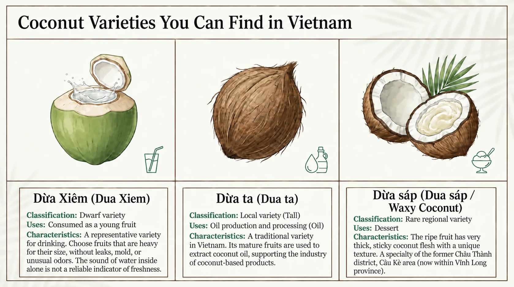 Dừa Xiêm, Dừa ta, and Dừa sáp varieties in Vietnam