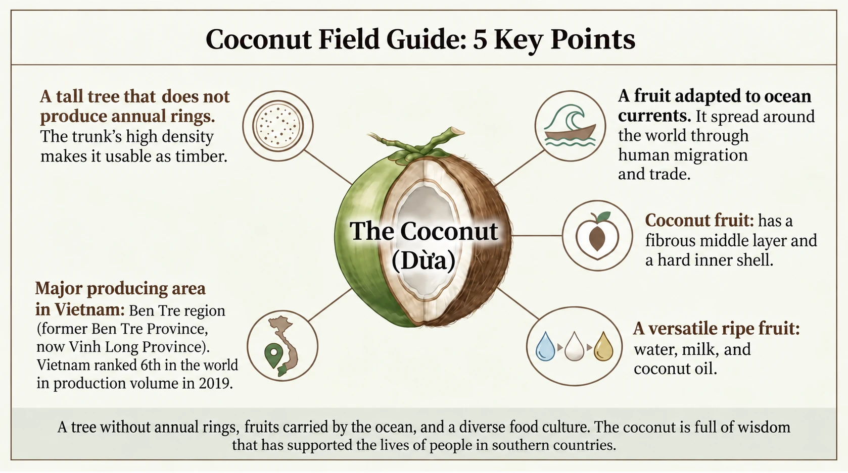 Five key coconut facts: trunk, dispersal, drupe, products, and Vietnam