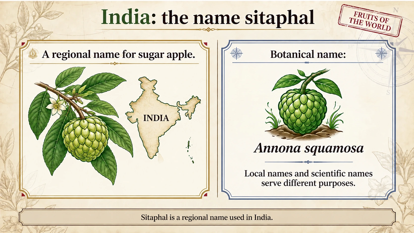 Sitaphal is a regional name used in India; Annona squamosa is the scientific name.