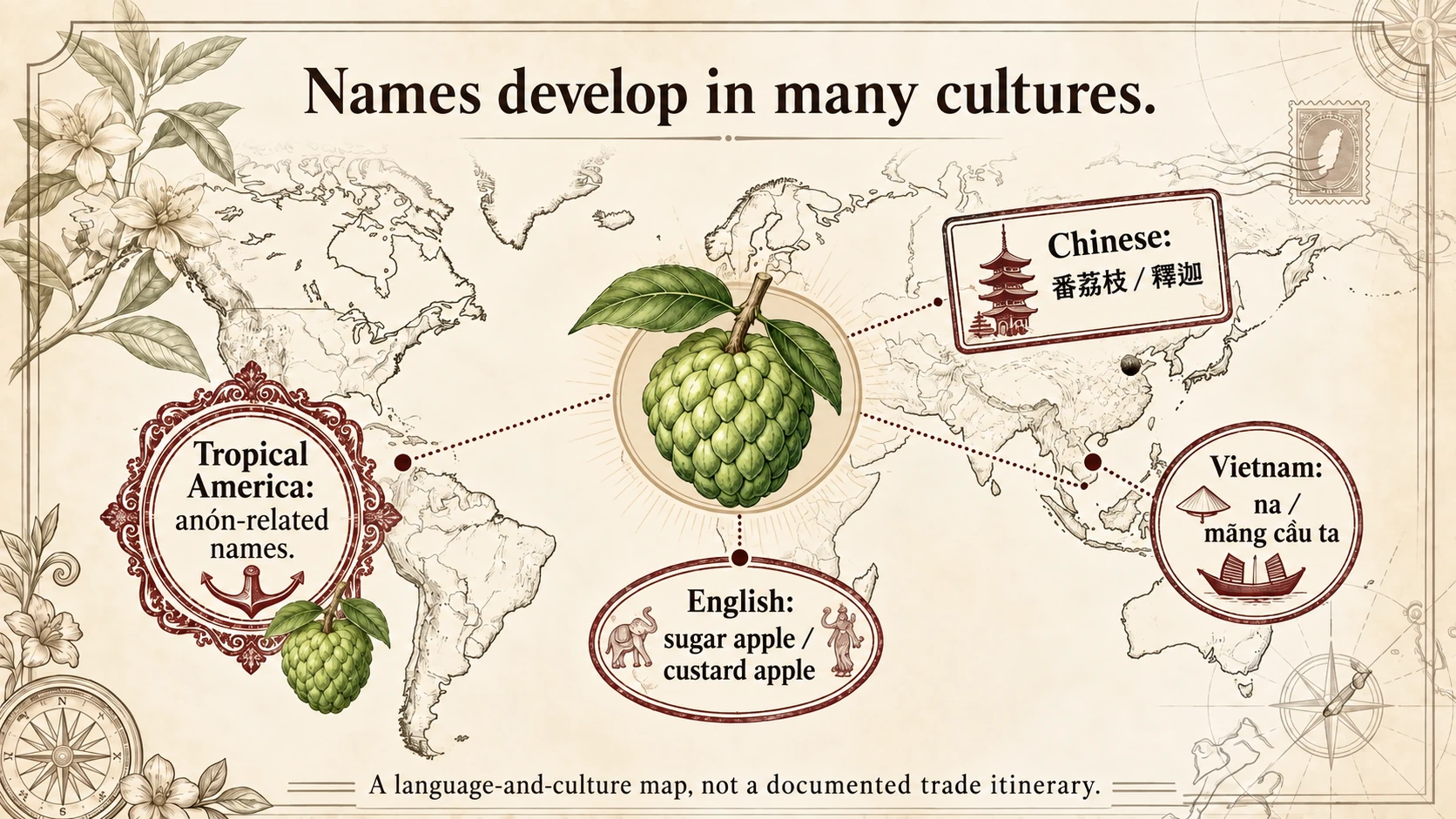 A map of names and cultural meanings, not a documented trade route.