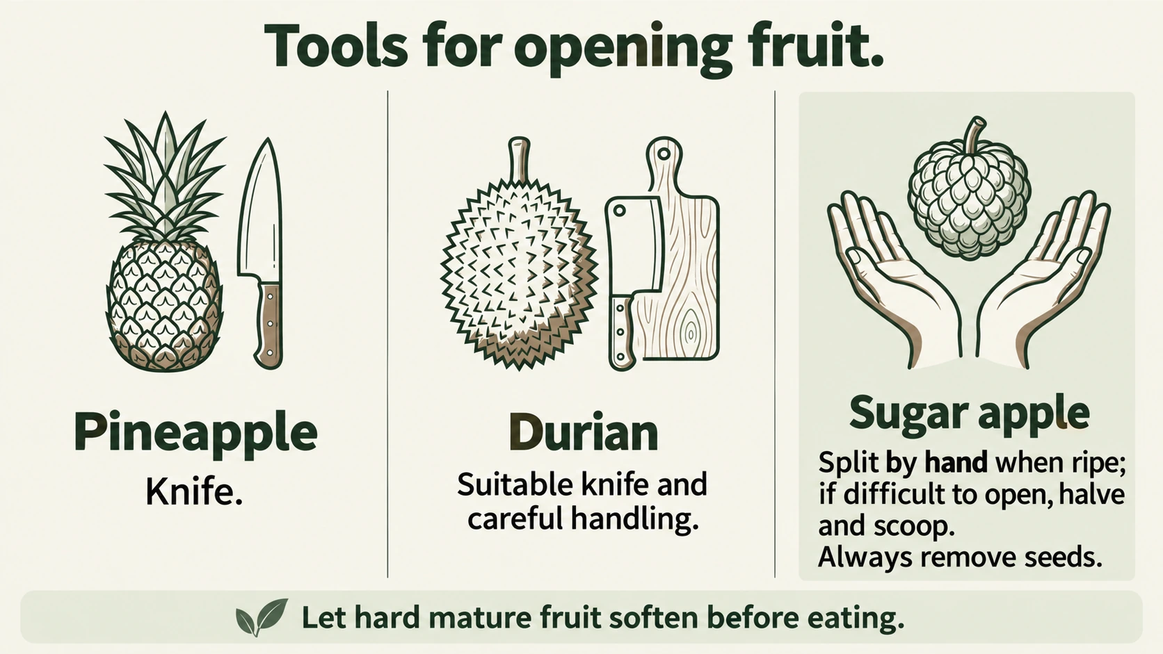 Split ripe sugar apple by hand, or halve it and scoop the flesh while removing seeds.