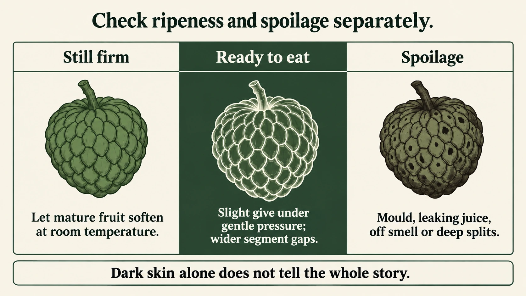 Judge ripeness and spoilage separately, using give, segment gaps and signs of damage.