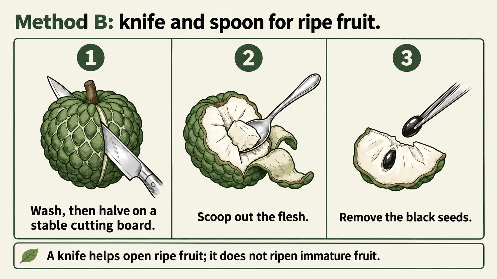 Wash and halve ripe fruit on a stable board, scoop the flesh and remove every seed.
