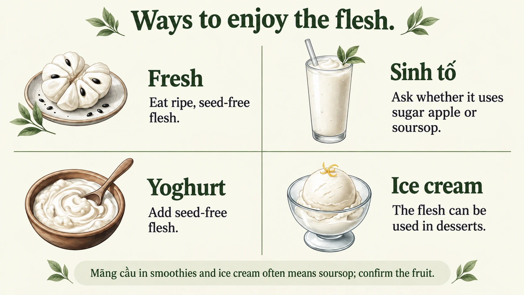 Eat the flesh fresh or in desserts; mãng cầu drinks may use soursop instead.