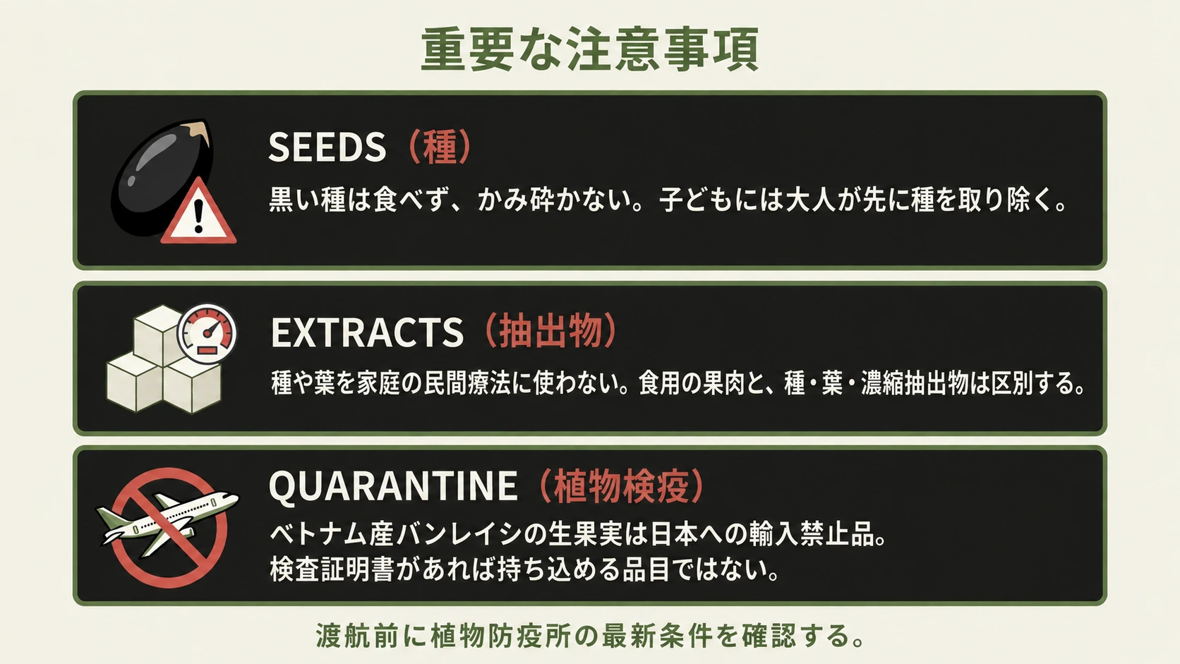 黒い種を取り除き、種や葉を家庭の民間療法に使わないでください。ベトナム産の生果実は日本へ持ち込めません。