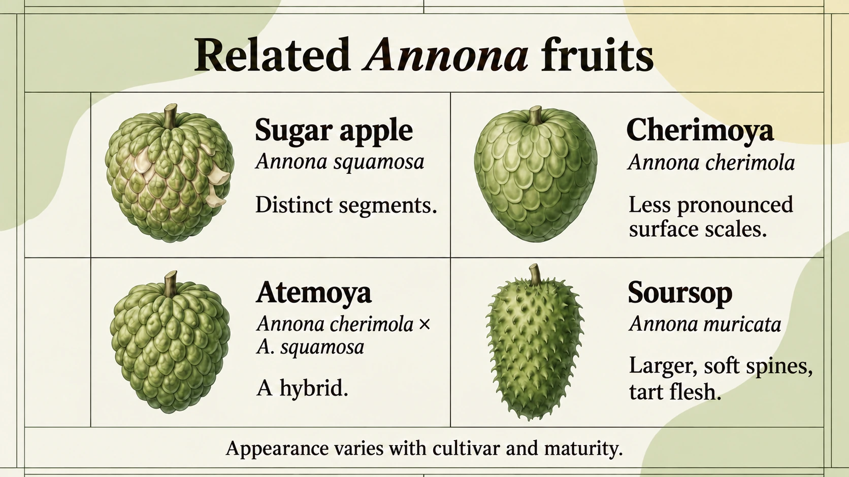 Sugar apple, cherimoya, atemoya and soursop have different botanical identities.