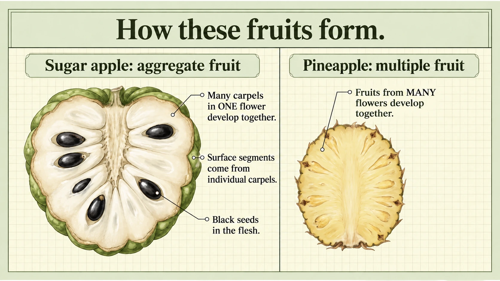 Sugar apple is an aggregate fruit from one flower; pineapple is a multiple fruit from many flowers.