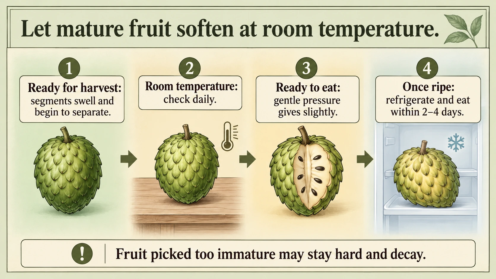 Harvest-mature fruit softens at room temperature; refrigerate once ripe.