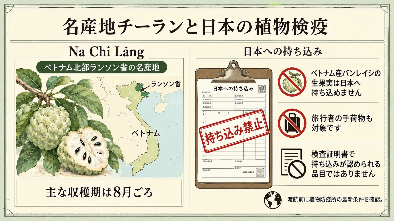 ベトナム産バンレイシの生果実は日本へ持ち込めません。渡航前に最新条件を確認してください。