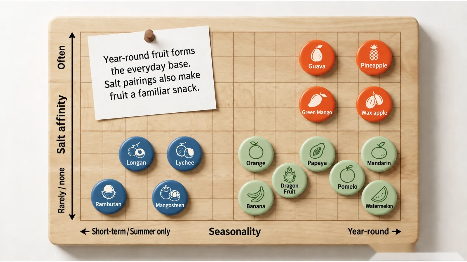 15 fruits: seasons and salt use — English version of the Japanese infographic