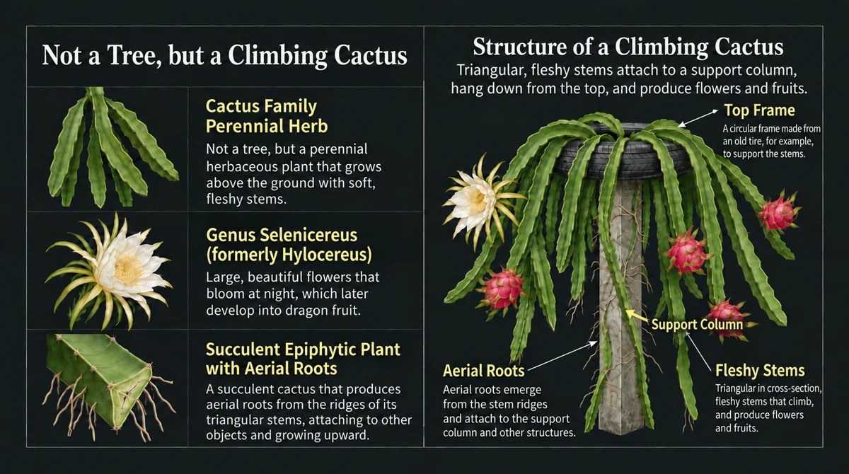 Climbing cactus stems, aerial roots, flowers and support-post structure