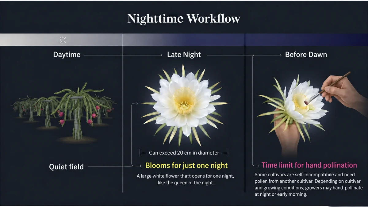 Large white flowers open at night, with hand pollination depending on cultivar and growing conditions
