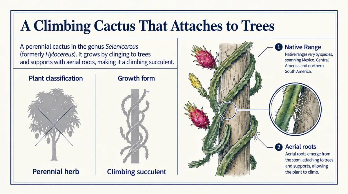 A perennial climbing cactus attaches to trees and supports with aerial roots