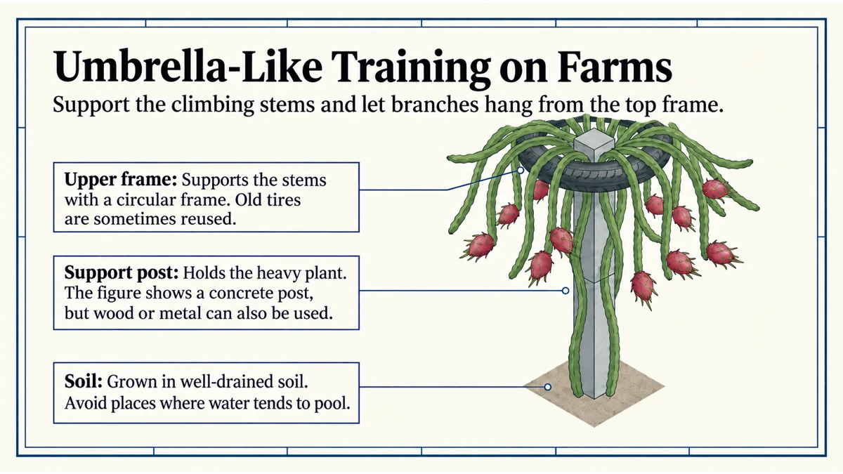 Circular top frame, support post and well-drained soil in an umbrella-like training system